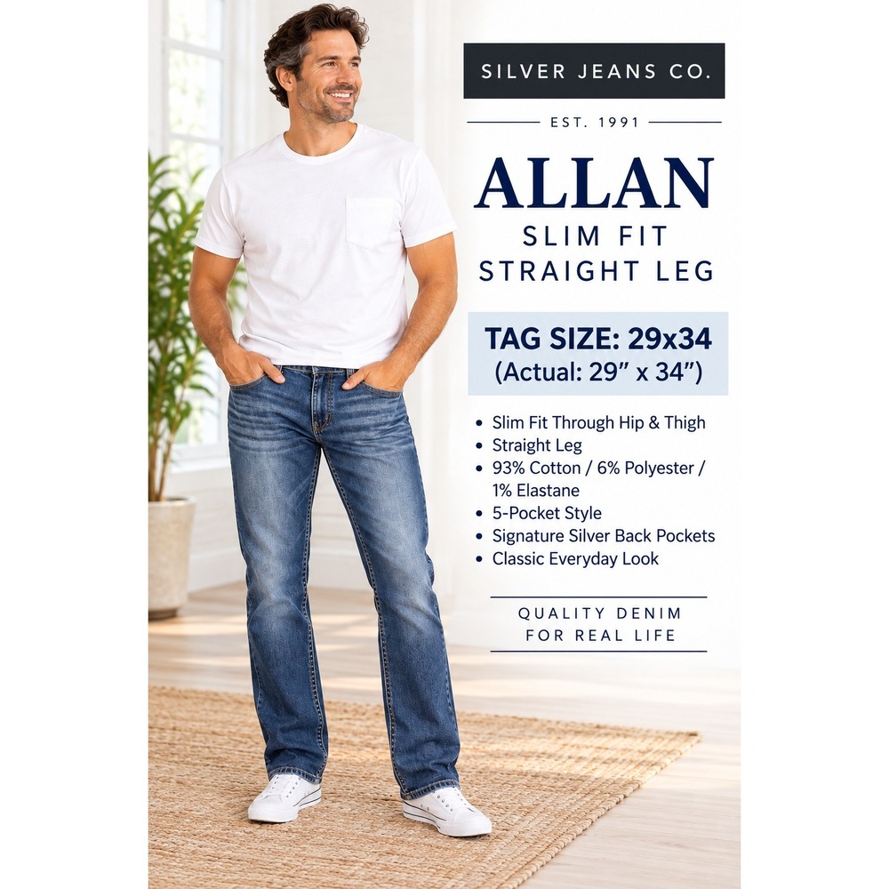 NWT Silver Jeans Allan Mens Jeans 29x34 Slim Fit Straight Leg Stretch Denim 1940